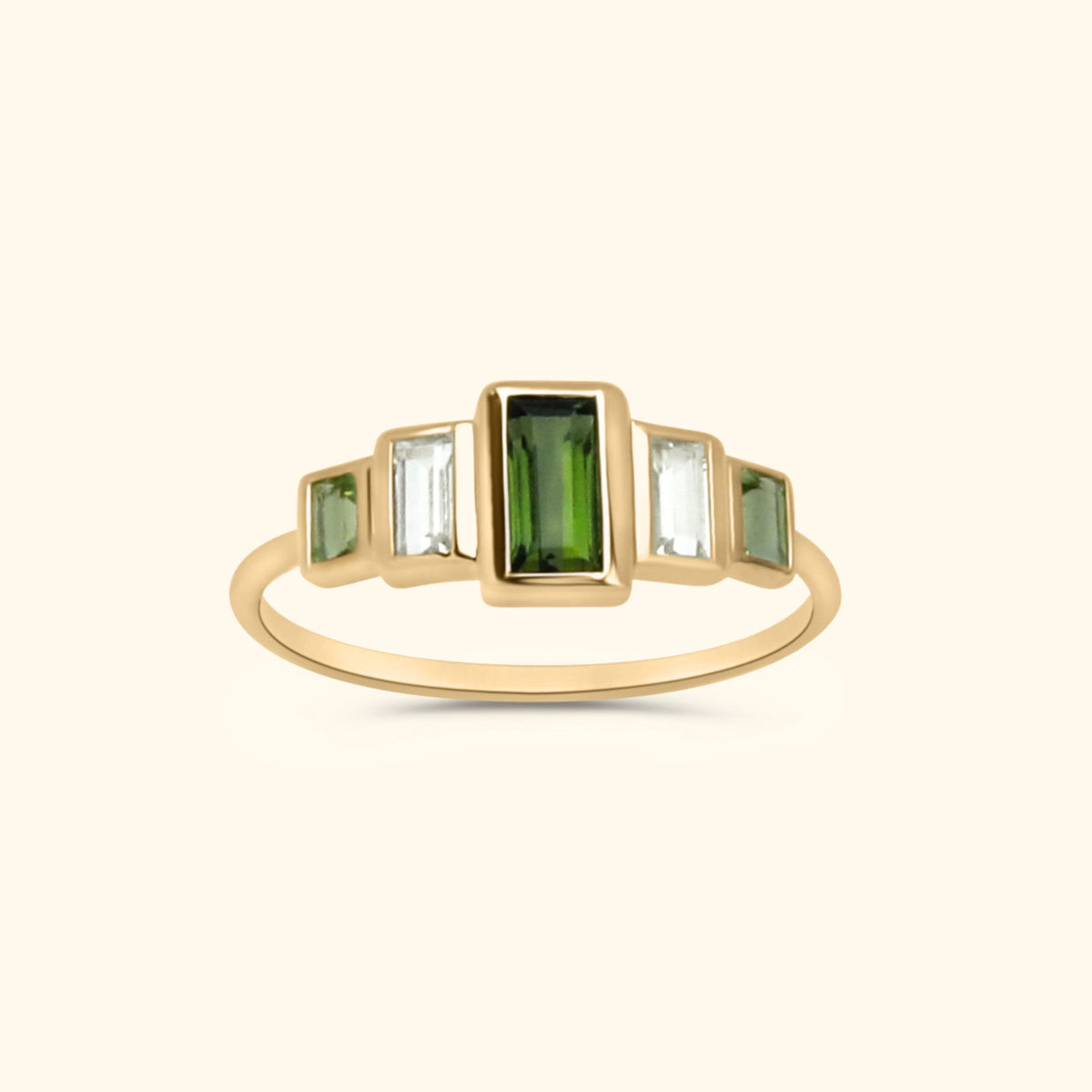 10 karaat gouden ring met groene toermalijn, peridoot en witte topaas – luxe geometrisch design