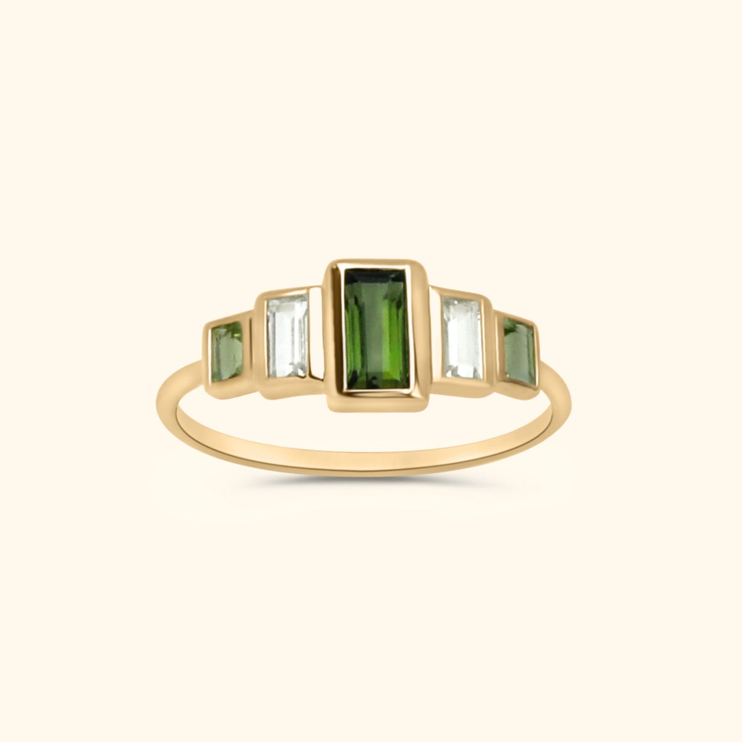 10 karaat gouden ring met groene toermalijn, peridoot en witte topaas – luxe geometrisch design