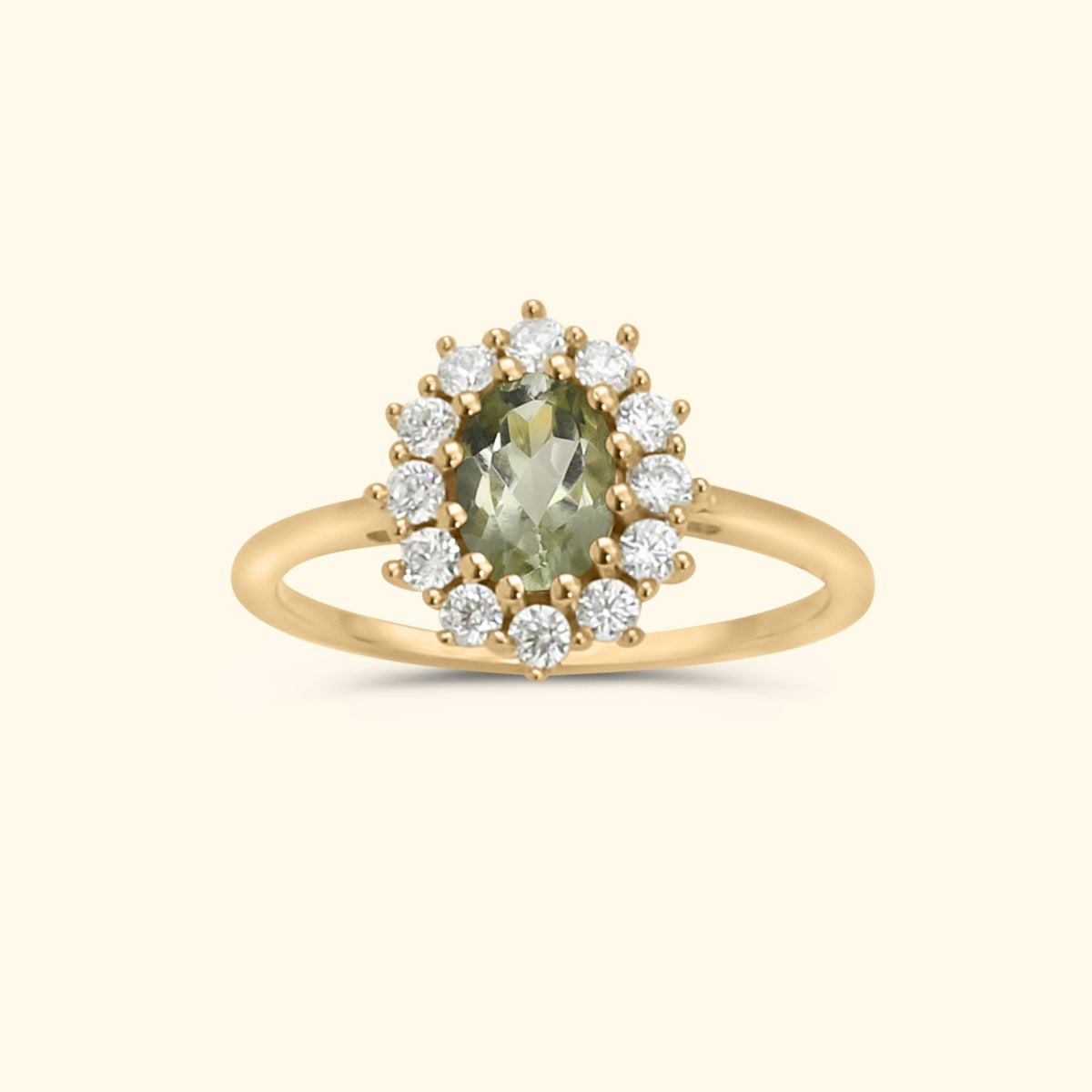 Gold Plated Brass ring met groene amethist met witte steentjes_lady diana ontwerp