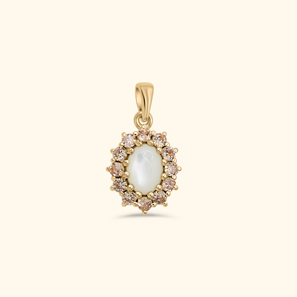 Goudkleurige hanger met parelmoer steen en champagnekleurige zirkonia steentjes – Lady Diana Hanger Pearl Champagne