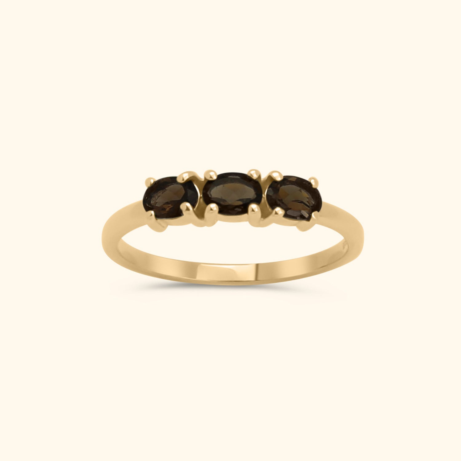 14 karaat gouden ring met drie smoky quartz edelstenen – tijdloos en elegant design